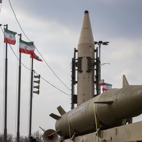 Two Iran-made ballistic missiles are displayed at Azadi Square during a rally commemorating the 46th anniversary of the victory of Iran's 1979 Islamic Revolution in western Tehran, Iran, on February 10, 2025. The Iranian Islamic Revolution, which leads to the overthrow of the Pahlavi dynasty in 1979, replaces the Imperial State of Iran with the present-day Islamic Republic of Iran. (Photo by Morteza Nikoubazl/NurPhoto via Getty Images)