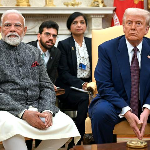 US President Donald Trump speaks with the press as he meets with Indian Prime Minister Narendra Modi in the Oval Office of the White House in Washington, DC, on February 13, 2025. (Photo by Jim WATSON / AFP) (Photo by JIM