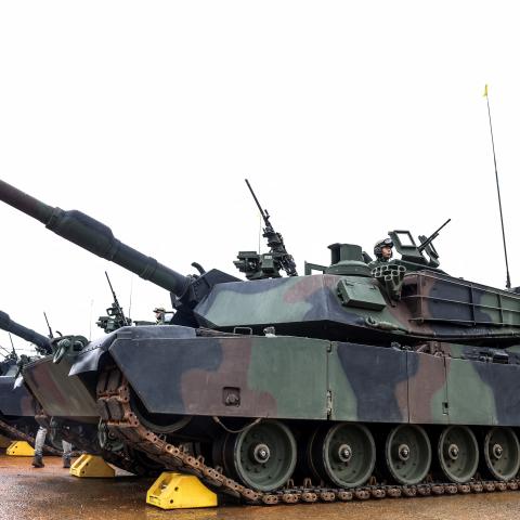 US-made M1A2T Abrams tanks are seen during a live-fire shooting session for Taiwan’s first batch of the advanced tank in Hsinchu, Taiwan, on July 10, 2025. (Getty Images)