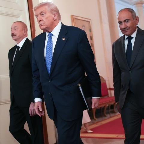 President Donald Trump arrives at a signing ceremony with Azerbaijani President Ilham Aliyev and Armenian Prime Minister Nikol Pashinyan in the State Dining Room of the White House on August 8, 2025. (Getty Images)