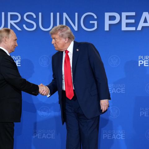 President Donald Trump and Russian President Vladimir Putin shake hands at the end of a press conference at Joint Base Elmendorf-Richardson on August 15, 2025, in Anchorage, Alaska. (Getty Images)