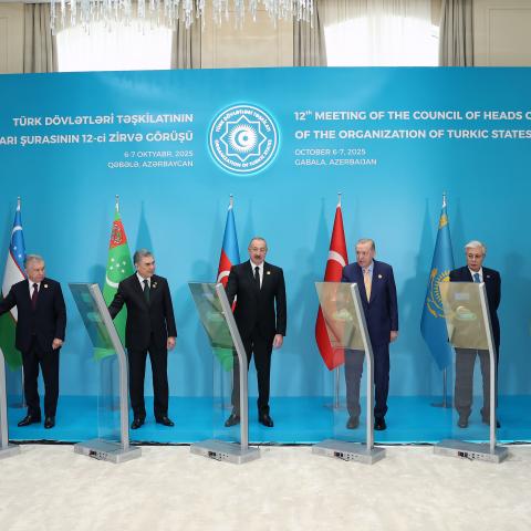 Heads of state of the Organization of Turkic States are seen at the Heydar Aliyev Congress Center in Gabala, Azerbaijan, on October 7, 2025. (Getty Images)
