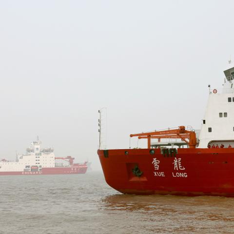 China’s polar research icebreakers Snow Dragon and Snow Dragon 2, set sail from the base dock in Shanghai, China, on November 1, 2025. (Getty Images)