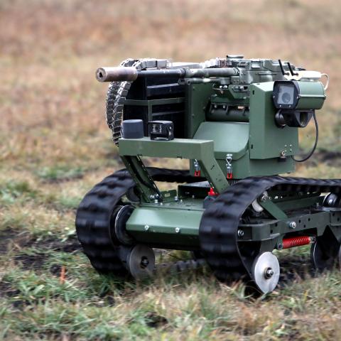 A Lehit ground robotic system, developed by specialists of the International Legion under the Defence Intelligence of Ukraine, is seen during a demonstration in Ukraine on December 9, 2025. (Getty Images)
