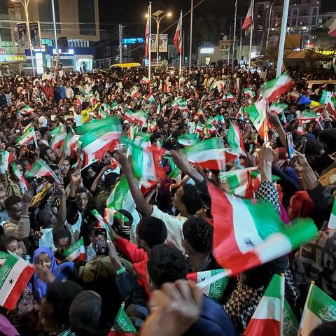 Residents wave Somaliland flags to celebrate Israel’s recognition of the republic in downtown Hargeisa, Somaliland, on December 26, 2025. (Getty Images)