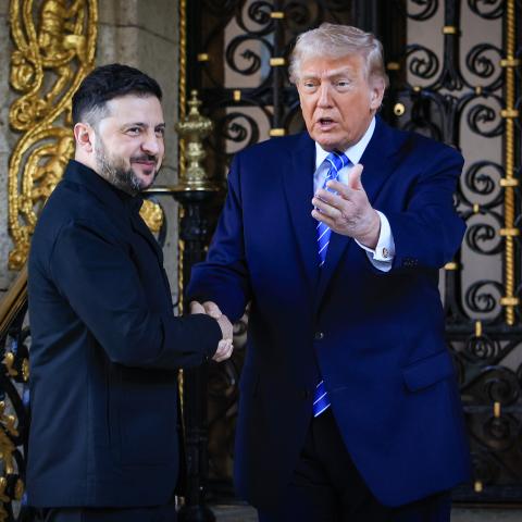 President Donald Trump greets Ukrainian President Volodymyr Zelenskyy at Mar-a-Lago on December 28, 2025, in Palm Beach, Florida. (Getty Images)