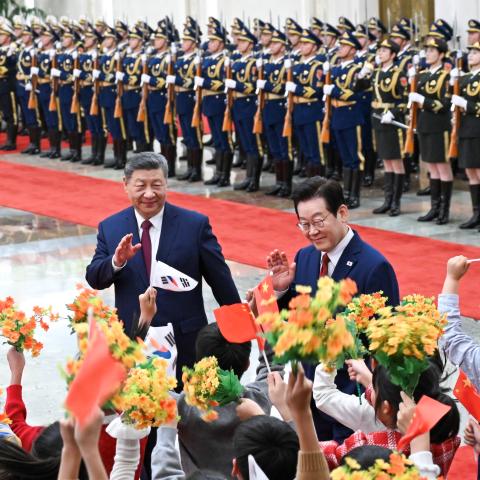 Chinese President Xi Jinping holds a welcome ceremony for President of the Republic of Korea Lee Jae Myung, in the Great Hall of the People in Beijing, January 5, 2026. (Getty Images) Share to Twitter