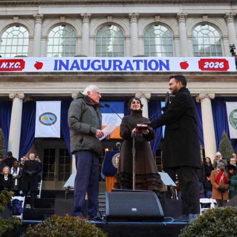 Sen. Bernie Sanders swears in Zohran Mamdani as New York City mayor as Mamdani’s wife Rama Duwaji looks on at City Hall on January 1, 2026, in New York, NY. (Getty Images)