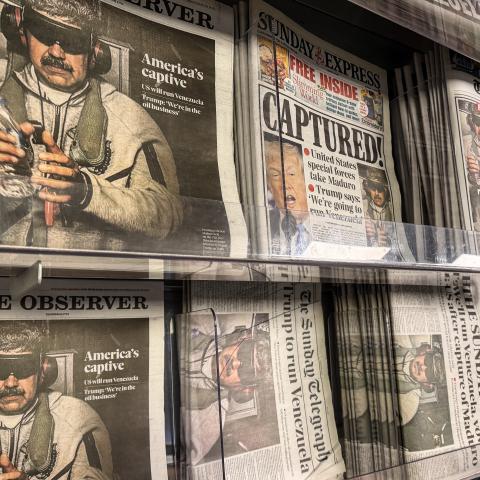 Newspaper front pages display stories on the capture and arrest of President Nicolas Maduro from Venezuela in a newsagent shop, on January 4, 2026, in Somerset, England. (Getty Images)