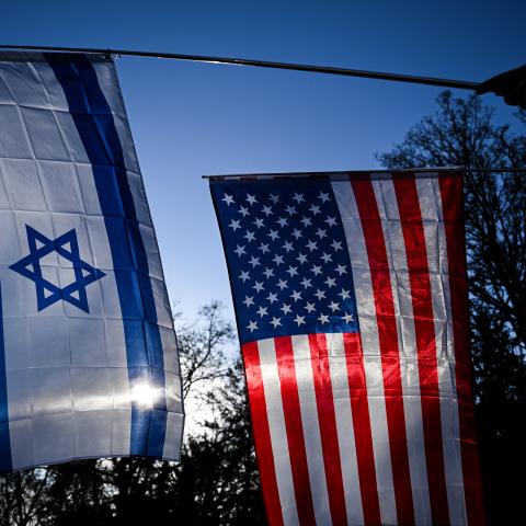 A US flag and an Israeli flag in front of the US Consulate in Frankfurt, Germany, on January 16, 2026. (Getty Images)
