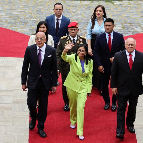 National Assembly President Jorge Rodríguez, Venezuela’s Interim President Delcy Rodríguez, and Minister of Interior Diosdado Cabello appear at Palacio Federal Legislativo on January 15, 2026, in Caracas, Venezuela. (Getty Images)