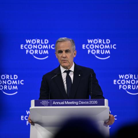 Canadian Prime Minister Mark Carney delivers a speech at the World Economic Forum Annual Meeting held in Davos, Switzerland on January 20, 2026. (Photo by Harun Ozalp/Anadolu via Getty Images)