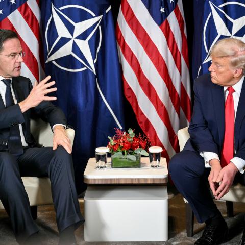  - US President Donald Trump (R) speaks with NATO's Secretary-General Mark Rutte during a bilateral meeting on the sidelines of the World Economic Forum (WEF) annual meeting in Davos on January 21, 2026. The World Economic Forum takes place in Davos from January 19 to January 23, 2026. (Photo by Mandel NGAN / AFP via Getty Images)