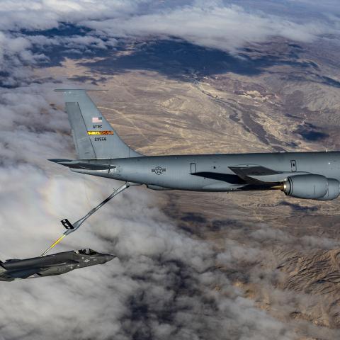 An F-35A receives fuel from a KC-135 Stratotanker over California on August 5, 2024. (DVIDS)