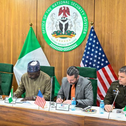 Retired Gen. Christopher Gwabin Musa, Nigeria’s minister of defense, and Mr. Brian J. Ellis, U.S. deputy assistant secretary of war for African affairs, sign a defense cooperation roadmap in Abuja, Nigeria, on January 23, 2026. (US Army)