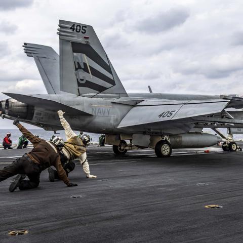 An F/A-18E Super Hornet launches from the flight deck of the USS Abraham Lincoln in the Arabian Sea on January 28, 2026. (US Navy)
