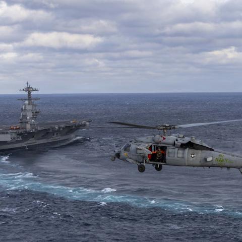 An MH-60S Sea Hawk helicopter, assigned to the “Dusty Dogs” of Helicopter Sea Combat Squadron (HSC) 7, prepares to land on the flight deck of Pre-Commissioning Unit John F. Kennedy (CVN 79) as the ship transits the Atlantic Ocean during Builder's Trials, Jan. 28, 2026. This was the first aircraft to land on the Kennedy. Builder’s Trials provide an opportunity to test ship systems and components at sea for the first time, and make required adjustments prior to additional underway testing. (U.S. Navy photo by