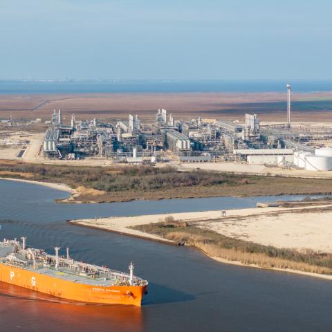 A cargo ship passes by the Cheniere Energy liquefied natural gas plant in Port Arthur, Texas, on February 10, 2025. (Getty Images)
