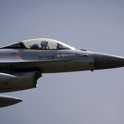 An F-16 fighter jet leaves Volkel Air Base in the Netherlands for Ukraine on May 26, 2025. (Getty Images)