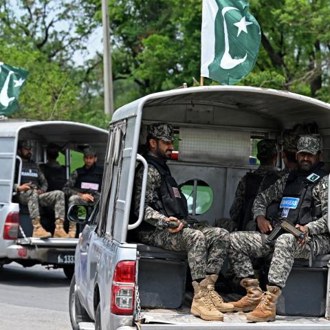 Security personnel patrol along a street in Islamabad on July 2, 2025. (Getty Images) Share to Twitter