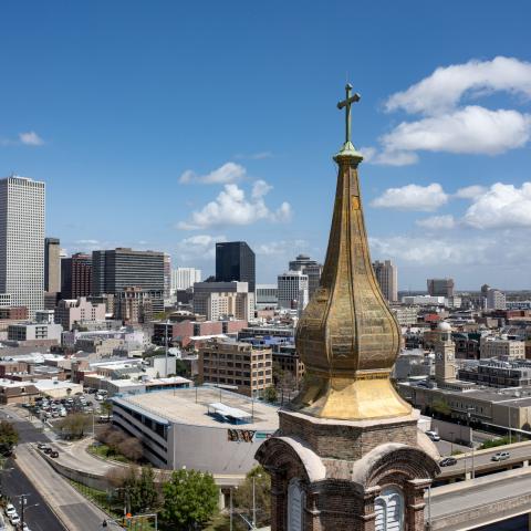 The golden steeple of St. John the Baptist Catholic Church in New Orleans, Louisiana, on March 19, 2025 (Getty Images)