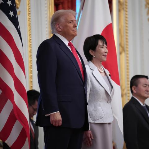 President Donald Trump views an honor guard with Japanese Prime Minister Sanae Takaichi at Akasaka Palace on October 28, 2025, in Tokyo, Japan. (Getty Images) Share to Twitter