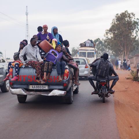 Passengers ride on the back of a crowded pickup truck on November 8, 2025, as a jihadist blockade upends daily life in the capital Bamako, Mali. (Getty Images)