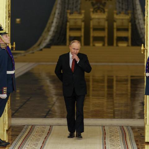Russian President Vladimir Putin walks past honor guards during a ceremony to receive letters of credence from newly appointed foreign ambassadors at the Grand Kremlin Palace in Moscow on January 15, 2026. (Getty Images)