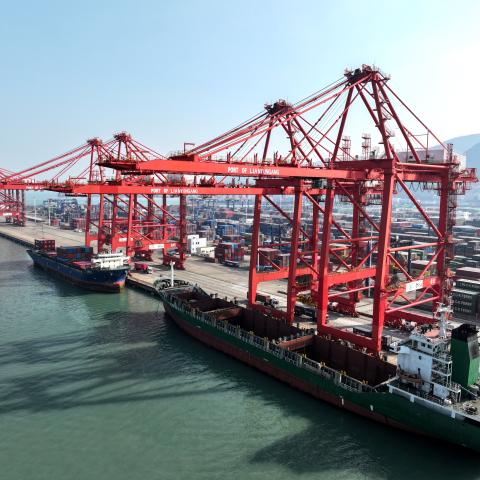 A cargo ship docks at the container terminal of Lianyungang Port in Jiangsu, China, on January 28, 2026. (Getty Images)