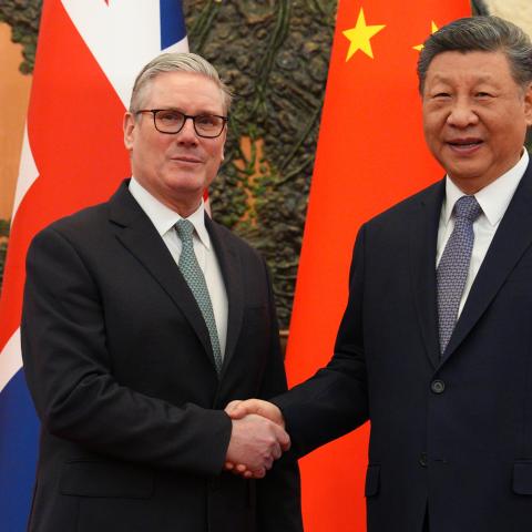 UK Prime Minister Keir Starmer (L) shakes hands with National People’s Congress Chairman, Zhao Leji, (R) ahead of a bilateral meeting during his visit to China, on January 29, 2026 in Beijing, China. Keir Starmer undertakes a high-profile diplomatic mission to China and Japan, marking the first visit to Beijing by a British leader since 2018. Accompanied by a delegation of 50 business leaders, Starmer aims to "reset" relations with President Xi Jinping to stimulate UK economic growth through expanded trade 