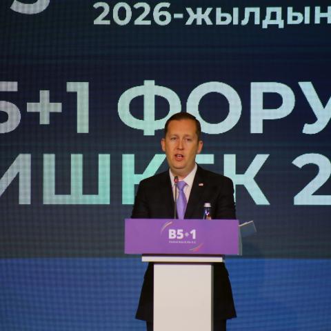 US Special Representative for South and Central Asia Ambassador Sergio Gor delivers a speech during the opening ceremony of the B5+1 Forum in Bishkek, Kyrgyzstan, on February 04, 2026. (Getty Images)