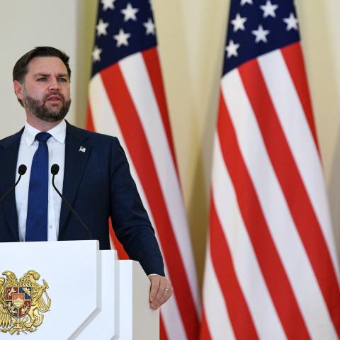 US Vice President JD Vance speaks during a joint press conference with Armenian Prime Minister following their talks in Yerevan on February 9, 2026. (Getty Images) Share to Twitter