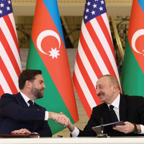 Vice President JD Vance and Azerbaijani President Ilham Aliyev shake hands at the Zagulba Presidential Residence on February 10, 2026 in Baku, Azerbaijan. (Getty Images)