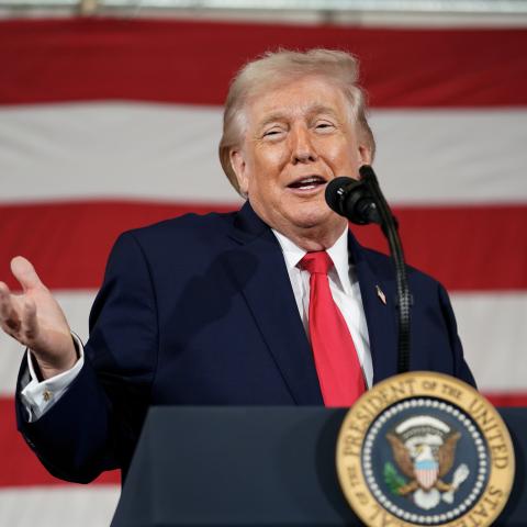 President Donald Trump speaks during a visit to the Fort Bragg US Army base on February 13, 2026, in Fort Bragg, North Carolina. (Getty Images)