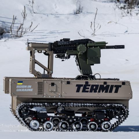 A Tencore unmanned ground vehicle TerMIT is seen being driven through the snow during a demonstration on February 20, 2026, in Kyiv Oblast, Ukraine. (Getty Images)