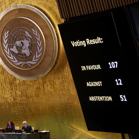 A screen displays the voting results approving a draft resolution during the United Nations General Assembly meeting in New York, on February 24, 2026. (Getty Images) Share to Twitter