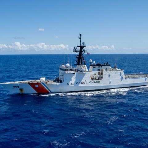 US Coast Guard Cutter Midgett, a Legend-class vessel, approaches Royal Canadian Navy replenishment oiler MV Asterix for a replenishment at sea on July 10, 2024, in the Pacific Ocean. (Royal Canadian Navy)