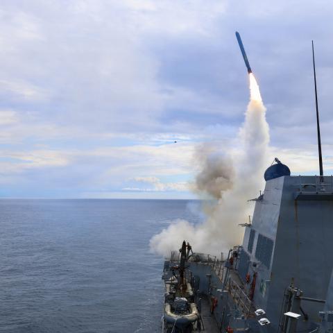 The guided-missile destroyer USS Thomas Hudner fires a Tomahawk cruise missile in support of Operation Epic Fury on March 1, 2026. (US Navy)