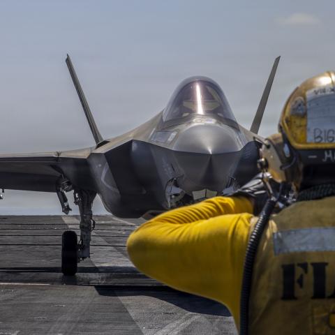 An F-35C Lightning II prepares to launch from the flight deck of the USS Abraham Lincoln in support of Operation Epic Fury on March 2, 2026. (US Navy)