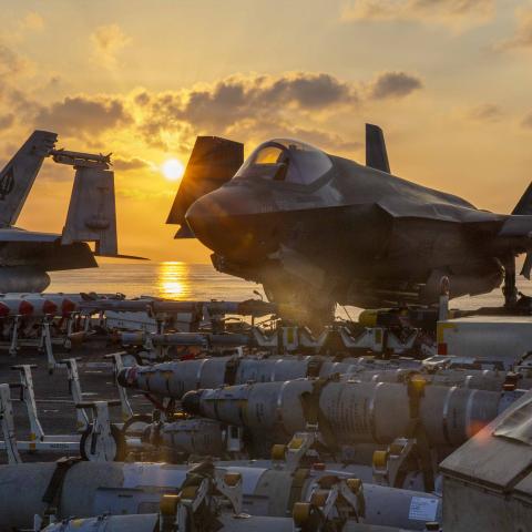 An F-35C Lightning II is staged for flight operations on the flight deck of the USS Abraham Lincoln in support of Operation Epic Fury on March 3, 2026. (US Navy)