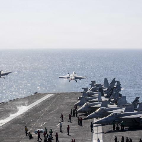 Two F/A-18 Super Hornets launch from the flight deck of Nimitz-class aircraft carrier USS Abraham Lincoln (CVN 72) in support of Operation Epic Fury, March 3, 2026. (U.S. Navy photo)