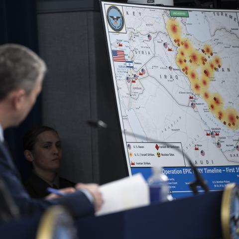 Secretary of War Pete Hegseth and Chairman of the Joint Chiefs of Staff U.S. Air Force Gen. Dan Caine conduct a press briefing on Operation Epic Fury at the Pentagon, Washington, D.C., March 4, 2026. (DoW photo by U.S. Navy Petty Officer 1st Class Alexander Kubitza)