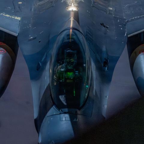 A U.S. Air Force F-16E Fighting Falcon aircraft refuels from a KC-135 Stratotanker aircraft over the U.S. Central Command area of responsibility during Operation Epic Fury, March 2, 2026. (U.S. Air Force photo)