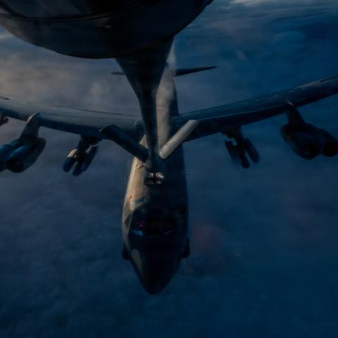 A U.S. Air Force KC-135 Stratotanker aircraft refuels a B-52H Stratofortress aircraft during Operation Epic Fury over the U.S. Central Command area of responsibility, March 20, 2026. (U.S. Air Force photo)