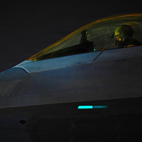 A U.S. Air Force Pilot taxis an F-22 Raptor at a base in the Middle East during Operation Epic Fury, March 15, 2026. (U.S. Air Force photo)