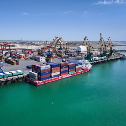 A cargo ship docked at Aktau port, Kazakhstan, on August 6, 2025. (Getty Images)