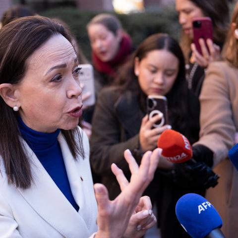 Caption Maria Corina Machado speaks to reporters at the Inter-American Commission on Human Rights (IACHR) in Washington, DC, on February 9, 2026. (Getty Images) Share to Twitter