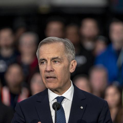 Canadian Prime Minister Mark Carney at Canadian Aviation Electronics in Montreal, Quebec, Canada, on February 17, 2026. (Getty Images)