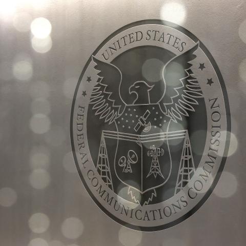 The seal for the Federal Communications Commission in the briefing room at FCC headquarters on February 18, 2026, in Washington, DC. (Getty Images)