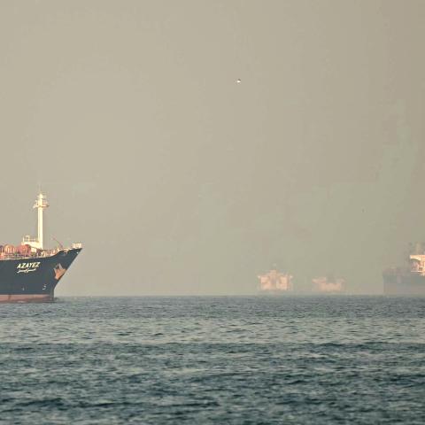 Cargo ships and tankers are seen in the Strait of Hormuz on February 25, 2026. (Getty Images)